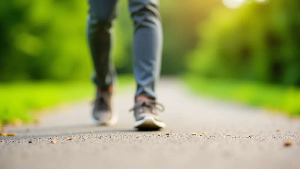 Close-up of comfortable walking shoes on a sunny park path, grass and trees visible in background