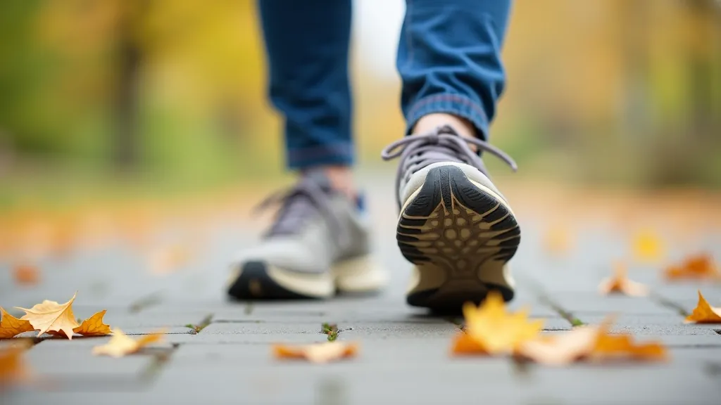 Close-up of walking shoes on a paved path with autumn leaves, showing comfortable supportive footwear for walking