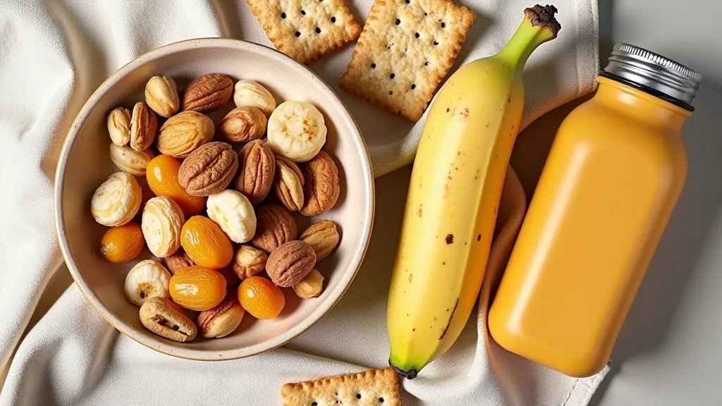 Variety of portable snacks including nuts, dried fruit, and crackers arranged on a small cloth with a water bottle nearby