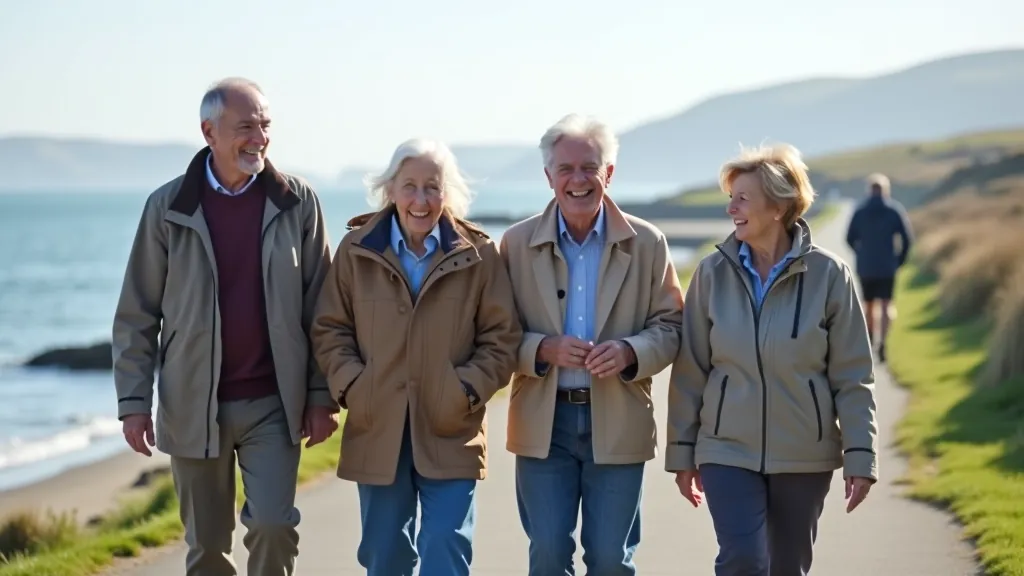 Group of seniors enjoying a group walk together at Youghal harbour