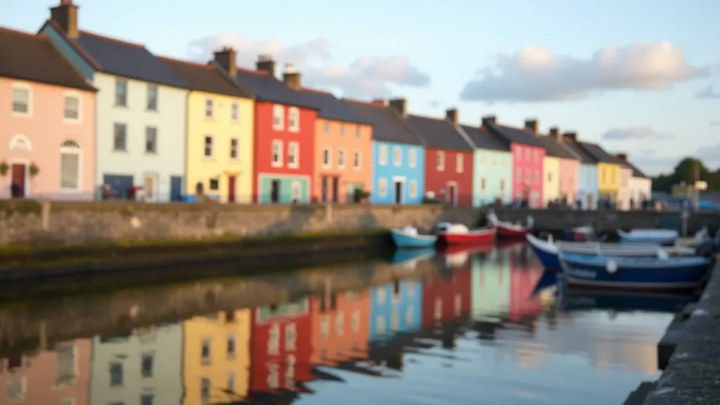 Historic colourful row houses and traditional storefronts reflected in calm harbour water during golden hour