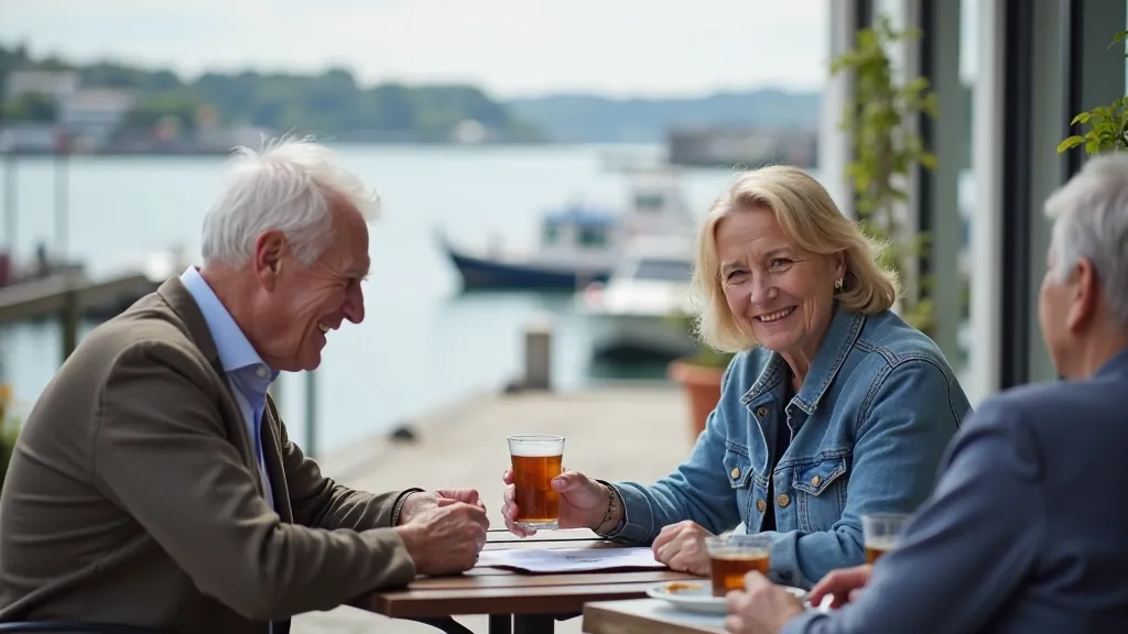 Seniors enjoying coffee at a waterfront café with harbour views and comfortable seating