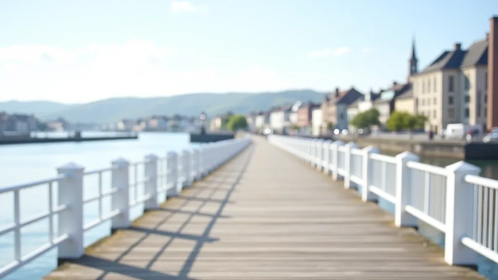 Peaceful morning walk along Youghal boardwalk with calm water and historic waterfront architecture visible