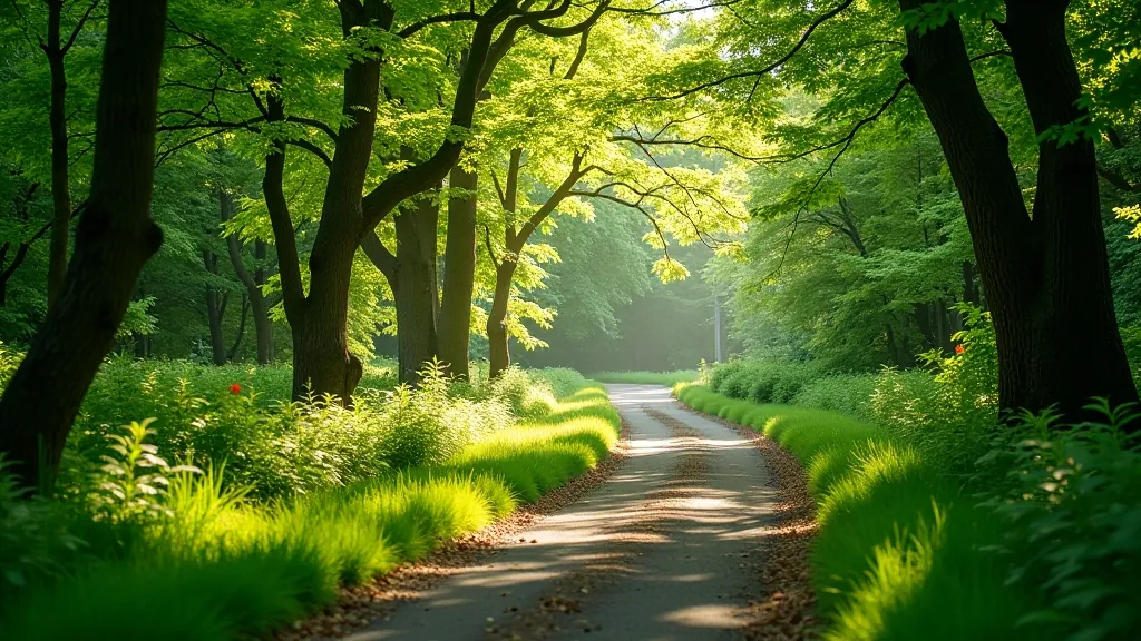 Woodland river valley path with green trees and flowing water