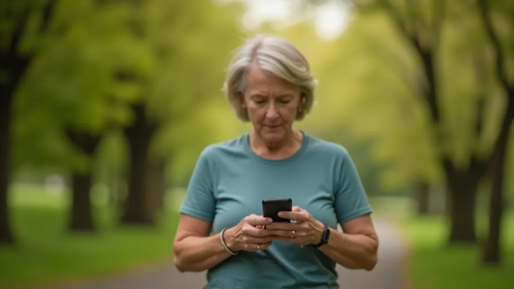Person checking their progress on a fitness tracker or smartphone during a walking break in nature