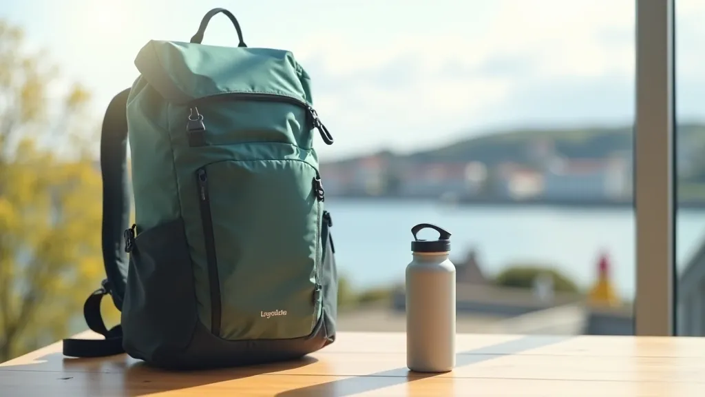 Lightweight backpack and water bottle sitting on a wooden table with coastal town visible through window