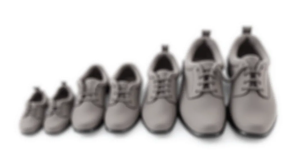 Top-down view of different shoe sizes lined up, showing variation in width and length proportions