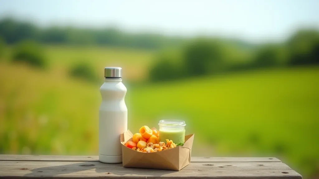 Outdoor water bottle and snacks on a bench overlooking green fields and countryside landscape