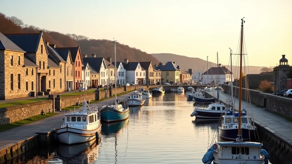 Youghal Harbour with boats and historic waterfront buildings