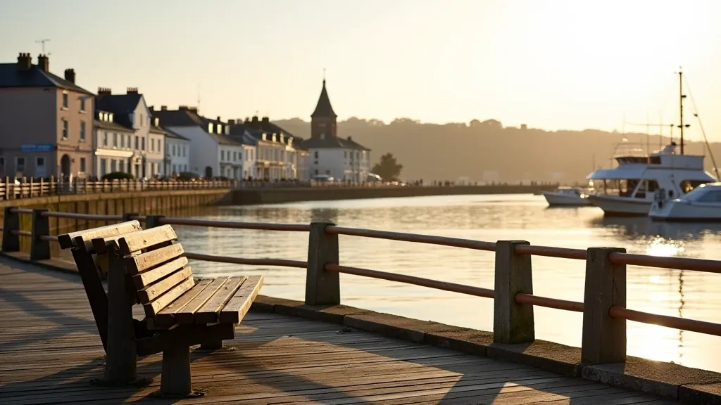 Scenic view of Youghal harbour with benches along the waterfront where walkers can rest