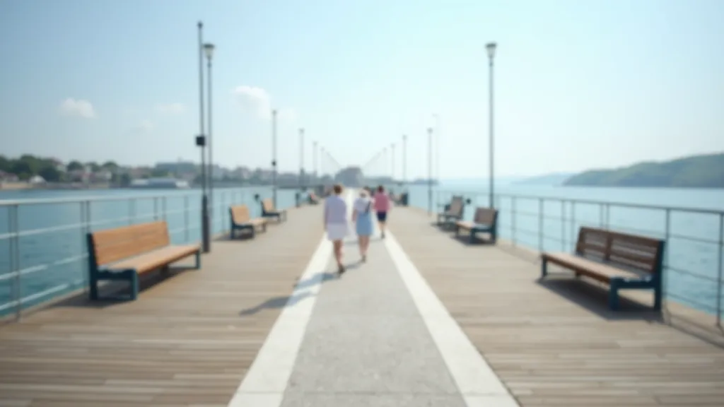 Scenic harbour boardwalk with benches, water views, and clear sky, peaceful coastal setting for walking