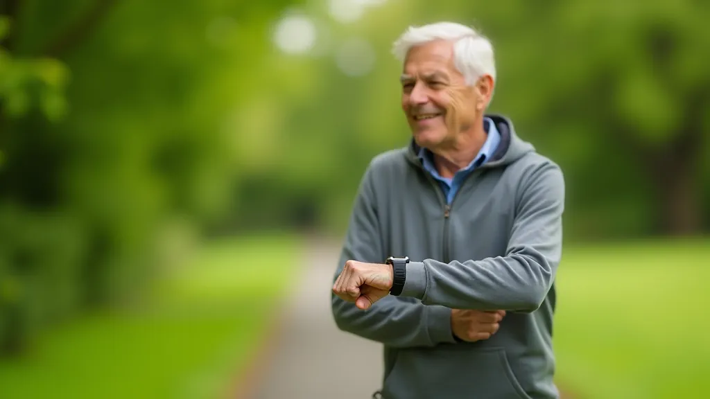Senior person checking their watch during an outdoor walk in a peaceful green area with trees and sky