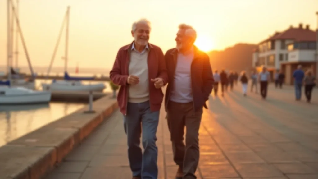 Senior couple enjoying a peaceful walk on Youghal boardwalk with harbour views