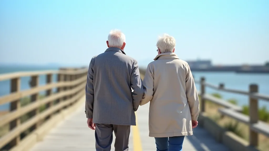 Senior couple walking together along a scenic coastal boardwalk on a bright sunny day, enjoying the harbour view and fresh air