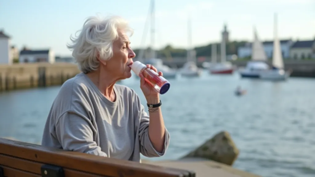 Senior woman drinking water from a reusable bottle while sitting on a bench overlooking Youghal harbour with boats in background