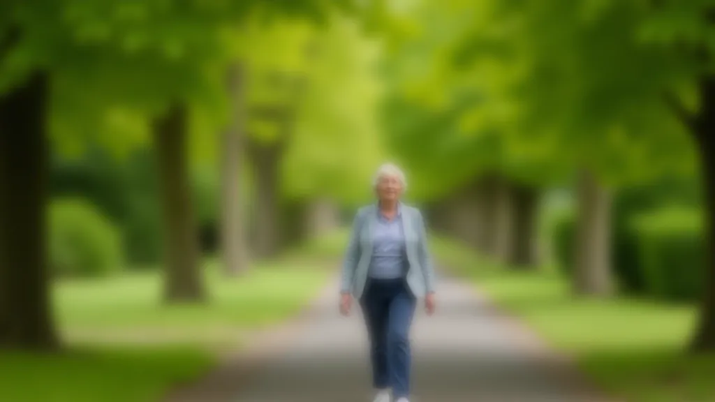 Senior woman in outdoor walking attire enjoying a walk in a bright, tree-lined park setting