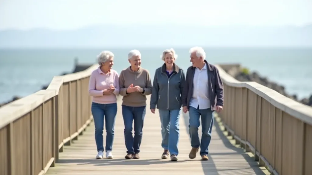 Group of seniors walking together on a coastal boardwalk