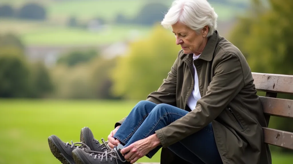 Person wearing walking shoes sitting on a bench, showing proper fit with visible space at toe box and heel support