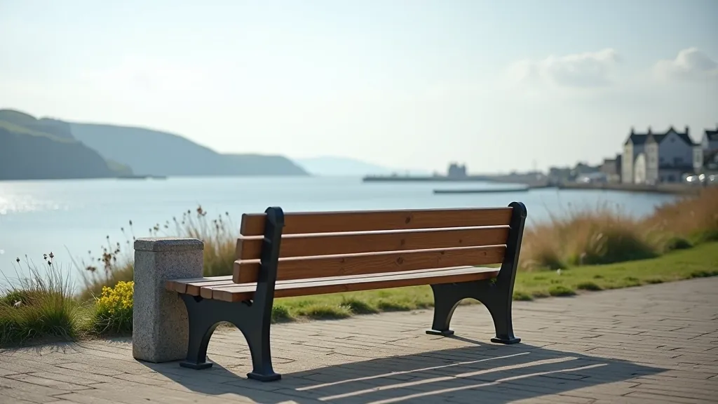 Wooden bench overlooking the Irish Sea with calm waters and distant coastline, inviting place to rest