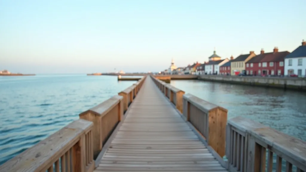 Scenic coastal boardwalk at Youghal harbour with calm waters and historic buildings reflecting in the morning light