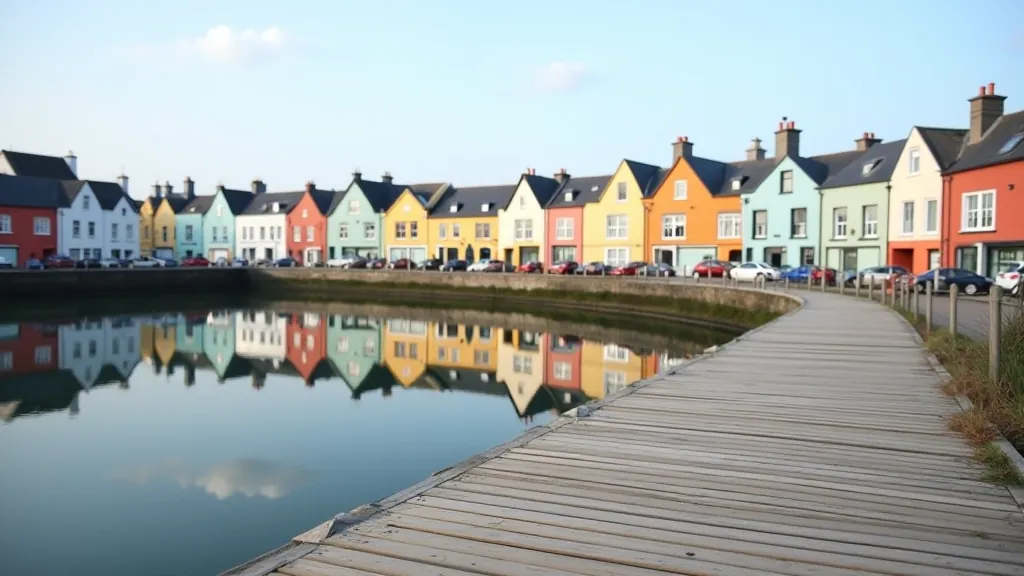 Scenic view of Youghal harbour with colourful buildings reflected in calm water on a peaceful morning